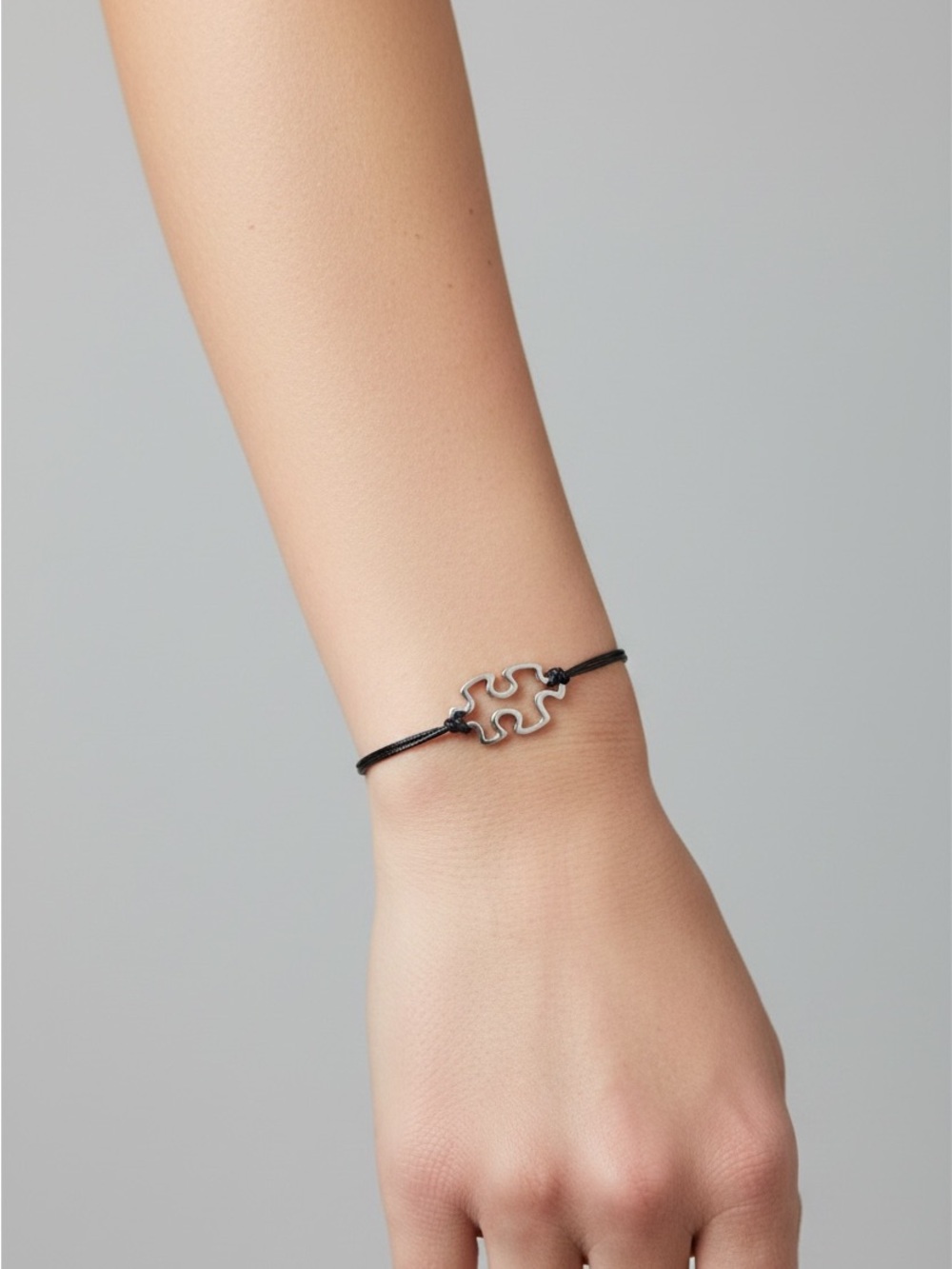 9/4 Silver Puzzle Piece Charm Bracelet - Black Cord